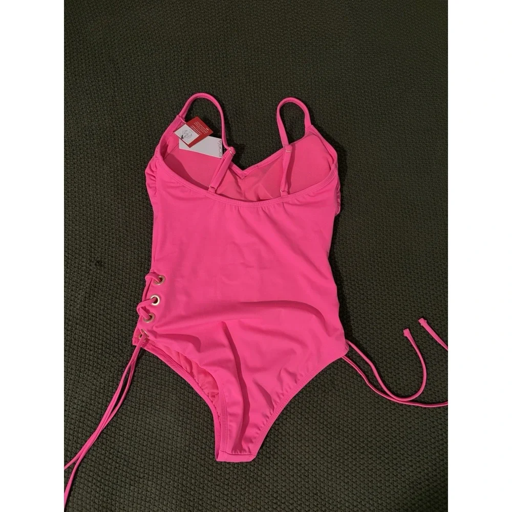 Sofia Vergara Swimsuit Women Pink Lace Up Side One Piece Neon Gold Grommet S 4-6
